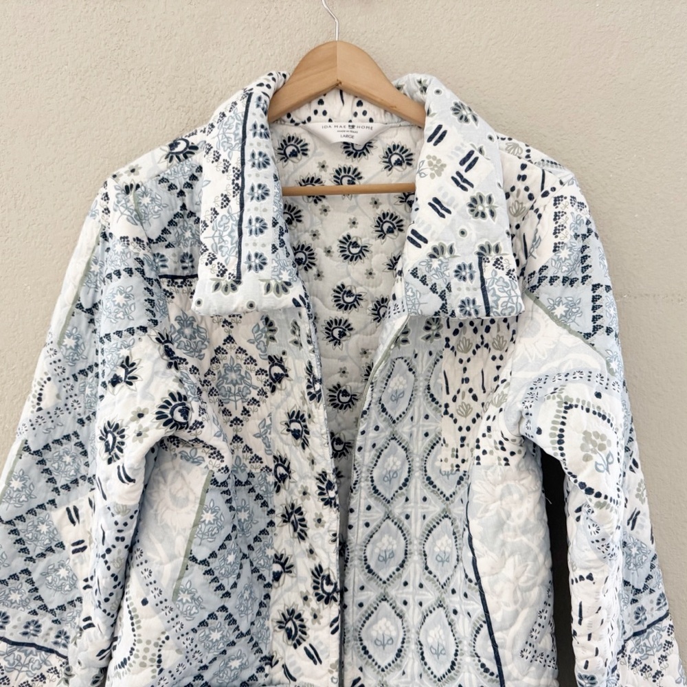 Ida Mae Home Quilted Jacket Large White Blue Patchwork Floral Cottagecore Boho - Picture 7 of 12
